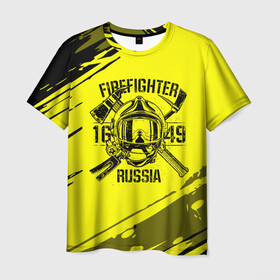 Мужская футболка 3D с принтом FIREFIGHTER 1649 RUSSIA в Кировске, 100% полиэфир | прямой крой, круглый вырез горловины, длина до линии бедер | Тематика изображения на принте: 112 | firefighter | багор | герб | гкчс | желтая | знак | лого | логотип | мчс | мчсник | пожарная охрана | пожарник | пожарный | пч | россии | рф | серая | символ | служба | спасатель | спасения | топор | флаг