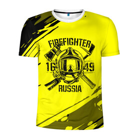 Мужская футболка 3D спортивная с принтом FIREFIGHTER 1649 RUSSIA в Кировске, 100% полиэстер с улучшенными характеристиками | приталенный силуэт, круглая горловина, широкие плечи, сужается к линии бедра | Тематика изображения на принте: 112 | firefighter | багор | герб | гкчс | желтая | знак | лого | логотип | мчс | мчсник | пожарная охрана | пожарник | пожарный | пч | россии | рф | серая | символ | служба | спасатель | спасения | топор | флаг