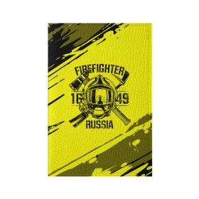 Обложка для паспорта матовая кожа с принтом FIREFIGHTER 1649 RUSSIA в Кировске, натуральная матовая кожа | размер 19,3 х 13,7 см; прозрачные пластиковые крепления | Тематика изображения на принте: 112 | firefighter | багор | герб | гкчс | желтая | знак | лого | логотип | мчс | мчсник | пожарная охрана | пожарник | пожарный | пч | россии | рф | серая | символ | служба | спасатель | спасения | топор | флаг