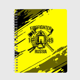 Тетрадь с принтом FIREFIGHTER 1649 RUSSIA в Кировске, 100% бумага | 48 листов, плотность листов — 60 г/м2, плотность картонной обложки — 250 г/м2. Листы скреплены сбоку удобной пружинной спиралью. Уголки страниц и обложки скругленные. Цвет линий — светло-серый
 | 112 | firefighter | багор | герб | гкчс | желтая | знак | лого | логотип | мчс | мчсник | пожарная охрана | пожарник | пожарный | пч | россии | рф | серая | символ | служба | спасатель | спасения | топор | флаг