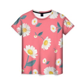 Женская футболка 3D с принтом Ромашки в Кировске, 100% полиэфир ( синтетическое хлопкоподобное полотно) | прямой крой, круглый вырез горловины, длина до линии бедер | белый | для девушек | желтый | летний принт | листочки цветов | розовый фон | ромашка | ромашки | цветочки | цветы