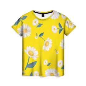 Женская футболка 3D с принтом Ромашки в Кировске, 100% полиэфир ( синтетическое хлопкоподобное полотно) | прямой крой, круглый вырез горловины, длина до линии бедер | белый | для девушек | желтый | желтый фон | летний принт | листочки цветов | ромашка | ромашки | цветочки | цветы