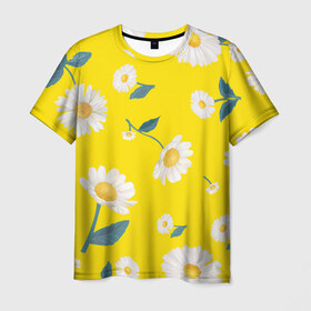 Мужская футболка 3D с принтом Ромашки в Кировске, 100% полиэфир | прямой крой, круглый вырез горловины, длина до линии бедер | белый | для девушек | желтый | желтый фон | летний принт | листочки цветов | ромашка | ромашки | цветочки | цветы