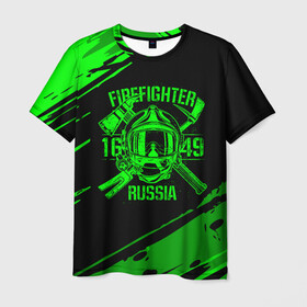 Мужская футболка 3D с принтом FIREFIGHTER 1649 RUSSIA в Кировске, 100% полиэфир | прямой крой, круглый вырез горловины, длина до линии бедер | Тематика изображения на принте: 112 | firefighter | багор | герб | гкчс | зеленая | знак | лого | логотип | мчс | мчсник | пожарная охрана | пожарник | пожарный | пч | россии | рф | серая | символ | служба | спасатель | спасения | топор | флаг
