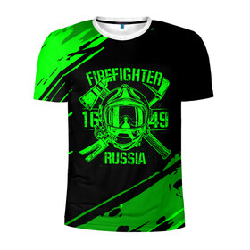 Мужская футболка 3D спортивная с принтом FIREFIGHTER 1649 RUSSIA в Кировске, 100% полиэстер с улучшенными характеристиками | приталенный силуэт, круглая горловина, широкие плечи, сужается к линии бедра | Тематика изображения на принте: 112 | firefighter | багор | герб | гкчс | зеленая | знак | лого | логотип | мчс | мчсник | пожарная охрана | пожарник | пожарный | пч | россии | рф | серая | символ | служба | спасатель | спасения | топор | флаг