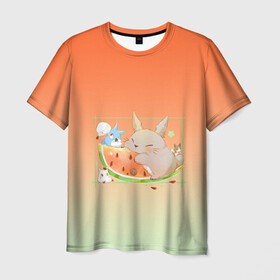 Мужская футболка 3D с принтом Семейство Тоторо ест арбуз  в Кировске, 100% полиэфир | прямой крой, круглый вырез горловины, длина до линии бедер | аниме | арбуз | арт | вкуснота | вкусняшка | гибли | кот | котобус | котя | красный | лето | миядзаки хаяо | мой сосед тоторо | персонаж | рамка | розовый | сочный | студия гибли | тоторо | фрукт | ягода
