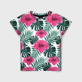 Детская футболка 3D с принтом Гавайский гибискус в Кировске, 100% гипоаллергенный полиэфир | прямой крой, круглый вырез горловины, длина до линии бедер, чуть спущенное плечо, ткань немного тянется | Тематика изображения на принте: flower | hawaii | hibiscus | palms | summer | sun | ботаника | гаваи | гавайи | гавайка | гавайская | гибискус | красочная | летняя | лето | листья | отдых | отпуск | пальма | пальмы | пляж | растения | символ