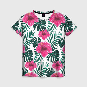 Женская футболка 3D с принтом Гавайский гибискус в Кировске, 100% полиэфир ( синтетическое хлопкоподобное полотно) | прямой крой, круглый вырез горловины, длина до линии бедер | flower | hawaii | hibiscus | palms | summer | sun | ботаника | гаваи | гавайи | гавайка | гавайская | гибискус | красочная | летняя | лето | листья | отдых | отпуск | пальма | пальмы | пляж | растения | символ