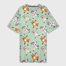 Платье-футболка 3D с принтом Dabbing Animals в Кировске,  |  | dab | fox | goat | unicorn | даб | даббинг | детская | для девочек | для девушек | для детей | для мальчиков | дэббинг | единорог | единороги | звери | зверюшки | зверята | козел | лис | лиса | лисенок | лисичка | л