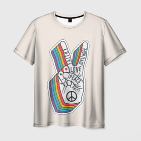 Мужская футболка 3D с принтом PEACE and LOVE (Z) в Кировске, 100% полиэфир | прямой крой, круглый вырез горловины, длина до линии бедер | Тематика изображения на принте: hope | love | peace | два пальца | жесть | знак | любить | любовь | мир | радуга | хипи | хиппи