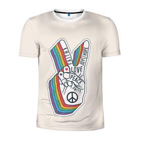 Мужская футболка 3D спортивная с принтом PEACE and LOVE (Z) в Кировске, 100% полиэстер с улучшенными характеристиками | приталенный силуэт, круглая горловина, широкие плечи, сужается к линии бедра | Тематика изображения на принте: hope | love | peace | два пальца | жесть | знак | любить | любовь | мир | радуга | хипи | хиппи