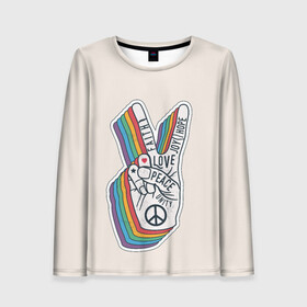 Женский лонгслив 3D с принтом PEACE and LOVE (Z) в Кировске, 100% полиэстер | длинные рукава, круглый вырез горловины, полуприлегающий силуэт | hope | love | peace | два пальца | жесть | знак | любить | любовь | мир | радуга | хипи | хиппи