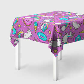 Скатерть 3D с принтом Pink unicorn в Кировске, 100% полиэстер (ткань не мнется и не растягивается) | Размер: 150*150 см | cat | donuts | pink | unicorn | единорог | котики | пончики | розовый