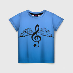 Детская футболка 3D с принтом Скрипичный ключ и крылья ноты в Кировске, 100% гипоаллергенный полиэфир | прямой крой, круглый вырез горловины, длина до линии бедер, чуть спущенное плечо, ткань немного тянется | арт | звук | крыло | крылья | музыка | музыкант | ноты | символ | скрипичный ключ | фортепиано