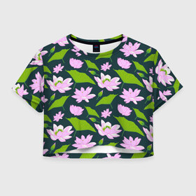 Женская футболка Crop-top 3D с принтом Лотос_синий в Кировске, 100% полиэстер | круглая горловина, длина футболки до линии талии, рукава с отворотами | лотос | цветочный орнамент | цветочный рисунок | цветы