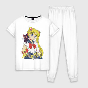 Женская пижама хлопок с принтом Sailor Moon & Luna в Кировске, 100% хлопок | брюки и футболка прямого кроя, без карманов, на брюках мягкая резинка на поясе и по низу штанин | cat | girl | kitty | luna | moon | sailor moon | sailormoon | девочка | кот | котик | котэ | кошка | луна | мультяшка | сейлормун | сэйлор мун