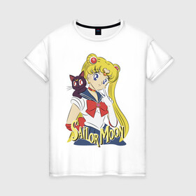 Женская футболка хлопок с принтом Sailor Moon & Luna в Кировске, 100% хлопок | прямой крой, круглый вырез горловины, длина до линии бедер, слегка спущенное плечо | Тематика изображения на принте: cat | girl | kitty | luna | moon | sailor moon | sailormoon | девочка | кот | котик | котэ | кошка | луна | мультяшка | сейлормун | сэйлор мун