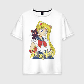 Женская футболка хлопок Oversize с принтом Sailor Moon & Luna в Кировске, 100% хлопок | свободный крой, круглый ворот, спущенный рукав, длина до линии бедер
 | cat | girl | kitty | luna | moon | sailor moon | sailormoon | девочка | кот | котик | котэ | кошка | луна | мультяшка | сейлормун | сэйлор мун