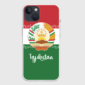 Чехол для iPhone 13 с принтом Таджикистан в Кировске,  |  | asia | coat of arms | crown | emblem | flag | ornament | patterns | republic of tajikistan | stars | state | азия | герб | государство | звезды | корона | орнамент | республика | таджикистан | узоры | флаг | эмблема