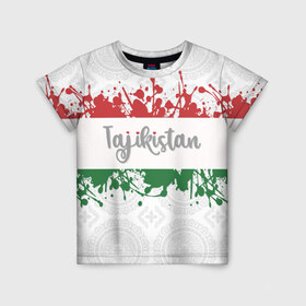Детская футболка 3D с принтом Таджикистан в Кировске, 100% гипоаллергенный полиэфир | прямой крой, круглый вырез горловины, длина до линии бедер, чуть спущенное плечо, ткань немного тянется | asia | blots | drops | flag | paint | republic of tajikistan | splashes | state | азия | брызги | государство | капли | кляксы | краска | республика | таджикистан | флаг