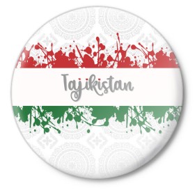Значок с принтом Таджикистан в Кировске,  металл | круглая форма, металлическая застежка в виде булавки | asia | blots | drops | flag | paint | republic of tajikistan | splashes | state | азия | брызги | государство | капли | кляксы | краска | республика | таджикистан | флаг