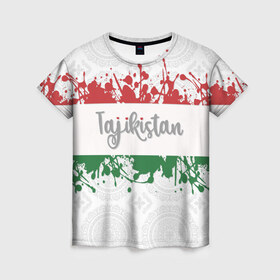 Женская футболка 3D с принтом Таджикистан в Кировске, 100% полиэфир ( синтетическое хлопкоподобное полотно) | прямой крой, круглый вырез горловины, длина до линии бедер | asia | blots | drops | flag | paint | republic of tajikistan | splashes | state | азия | брызги | государство | капли | кляксы | краска | республика | таджикистан | флаг