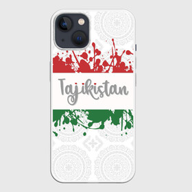 Чехол для iPhone 13 с принтом Таджикистан в Кировске,  |  | asia | blots | drops | flag | paint | republic of tajikistan | splashes | state | азия | брызги | государство | капли | кляксы | краска | республика | таджикистан | флаг