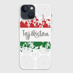 Чехол для iPhone 13 mini с принтом Таджикистан в Кировске,  |  | asia | blots | drops | flag | paint | republic of tajikistan | splashes | state | азия | брызги | государство | капли | кляксы | краска | республика | таджикистан | флаг