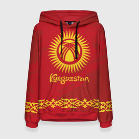 Женская толстовка 3D с принтом Киргизия в Кировске, 100% полиэстер  | двухслойный капюшон со шнурком для регулировки, мягкие манжеты на рукавах и по низу толстовки, спереди карман-кенгуру с мягким внутренним слоем. | asia | coat of arms | kyrgyz republics | kyrgyzstan | ornament | state | азия | герб | государство | киргизия | киргизская республика | кыргыз республикасы | кыргызстан | орнамент