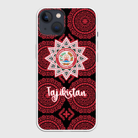 Чехол для iPhone 13 с принтом Таджикистан в Кировске,  |  | asia | coat of arms | crown | emblem | flag | order | ornament | patterns | president | republic | stars | state | tajikistan | азия | герб | государство | звезды | корона | орден | орнамент | президента | республика | таджикистан | узоры | флаг | эмблема