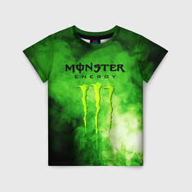 Детская футболка 3D с принтом MONSTER ENERGY в Кировске, 100% гипоаллергенный полиэфир | прямой крой, круглый вырез горловины, длина до линии бедер, чуть спущенное плечо, ткань немного тянется | brend | green | monster energy | андреналин | бренд | зеленый | логотип | монстр | напиток | энергетик | энергия