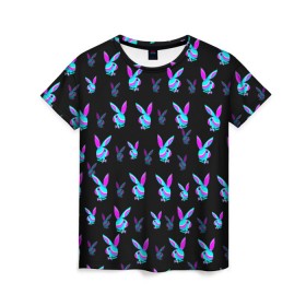 Женская футболка 3D с принтом Playboy в Кировске, 100% полиэфир ( синтетическое хлопкоподобное полотно) | прямой крой, круглый вырез горловины, длина до линии бедер | playboy | абстракция | зая | заяц | краска | кролик | кролик плейбой | лето | море | неон | отдых | плейбой | плэйбой | пляж | текстура