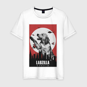Мужская футболка хлопок с принтом Лабзилла в Кировске, 100% хлопок | прямой крой, круглый вырез горловины, длина до линии бедер, слегка спущенное плечо. | вертолеты | годзилла | лабрадор | пес | постер | собака | собачник | фильм | щенок