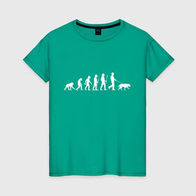 Женская футболка хлопок с принтом Эволюция. Лабрадор в Кировске, 100% хлопок | прямой крой, круглый вырез горловины, длина до линии бедер, слегка спущенное плечо | homo sapiens | дарвин | лабрадор | люди | неандерталец | пёс | развитие | собака | собачник | эволюция