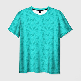 Мужская футболка 3D с принтом Зеленые птицы летний узор в Кировске, 100% полиэфир | прямой крой, круглый вырез горловины, длина до линии бедер | бежевый | бирюзовый | зеленый | нейтральный | паттерн | повседневный | принт | природа | птицы | птички | светлый | силуэты | узор