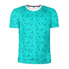 Мужская футболка 3D спортивная с принтом Зеленые птицы летний узор в Кировске, 100% полиэстер с улучшенными характеристиками | приталенный силуэт, круглая горловина, широкие плечи, сужается к линии бедра | бежевый | бирюзовый | зеленый | нейтральный | паттерн | повседневный | принт | природа | птицы | птички | светлый | силуэты | узор