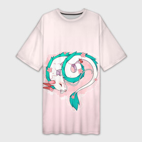 Платье-футболка 3D с принтом Спящий дракон Хаку чиби цветы в Кировске,  |  | Тематика изображения на принте: аниме | арт | божество | градиент | дракон | дракон бог | дракончик | дракоша | малыш | мило | пастельный | персонаж | простой | рисунок | розовый | светлый | спящий дракон | студия гибли