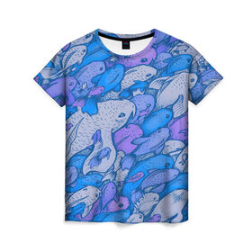 Женская футболка 3D с принтом косяк рыб крупно рисунок в Кировске, 100% полиэфир ( синтетическое хлопкоподобное полотно) | прямой крой, круглый вырез горловины, длина до линии бедер | арт | косяк | много | морские жители | морской | подводный мир | рисунок | рыбки | рыбы | синий | фиолетовый