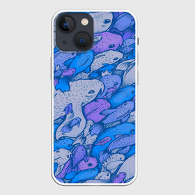 Чехол для iPhone 13 mini с принтом косяк рыб крупно рисунок в Кировске,  |  | арт | косяк | много | морские жители | морской | подводный мир | рисунок | рыбки | рыбы | синий | фиолетовый