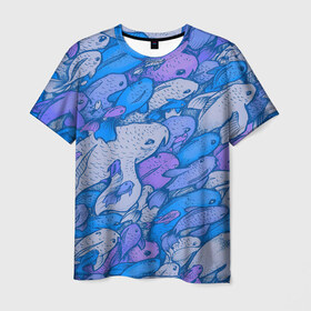 Мужская футболка 3D с принтом косяк рыб крупно рисунок в Кировске, 100% полиэфир | прямой крой, круглый вырез горловины, длина до линии бедер | арт | косяк | много | морские жители | морской | подводный мир | рисунок | рыбки | рыбы | синий | фиолетовый