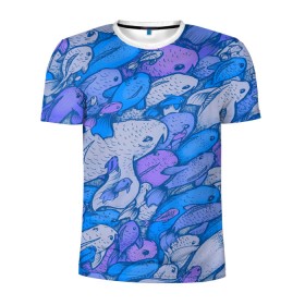 Мужская футболка 3D спортивная с принтом косяк рыб крупно рисунок в Кировске, 100% полиэстер с улучшенными характеристиками | приталенный силуэт, круглая горловина, широкие плечи, сужается к линии бедра | арт | косяк | много | морские жители | морской | подводный мир | рисунок | рыбки | рыбы | синий | фиолетовый
