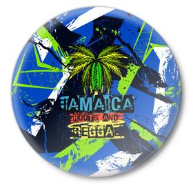 Значок с принтом Jamaica Roots and reggae в Кировске,  металл | круглая форма, металлическая застежка в виде булавки | Тематика изображения на принте: jamaica | reggae | roots | летняя | лето | надпись | пальма | раста | регги | рэгги | текст | фраза | ямайка