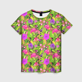Женская футболка 3D с принтом Flamingo | Tropical в Кировске, 100% полиэфир ( синтетическое хлопкоподобное полотно) | прямой крой, круглый вырез горловины, длина до линии бедер | flamingo | flamingos | flower | flowers | neon | pink | rose | summer | девочке | девушке | красивая | летняя | неон | парню | подарок | прикольная | приятная | роза | розовая | стильная | текстура | тропики | фламинго | цветок