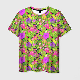 Мужская футболка 3D с принтом Flamingo | Tropical в Кировске, 100% полиэфир | прямой крой, круглый вырез горловины, длина до линии бедер | flamingo | flamingos | flower | flowers | neon | pink | rose | summer | девочке | девушке | красивая | летняя | неон | парню | подарок | прикольная | приятная | роза | розовая | стильная | текстура | тропики | фламинго | цветок