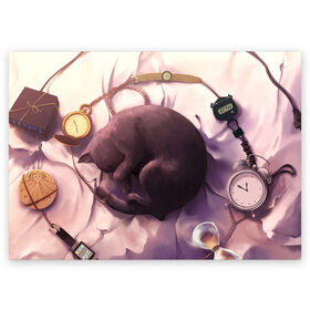 Поздравительная открытка с принтом 9 жизней кота в Кировске, 100% бумага | плотность бумаги 280 г/м2, матовая, на обратной стороне линовка и место для марки
 | 9 жизней | время | девять жизней | клубок | кот | кошка | часы | черный котик
