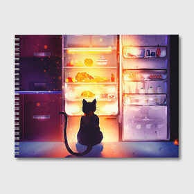 Альбом для рисования с принтом Черный кот холодильник ночь в Кировске, 100% бумага
 | матовая бумага, плотность 200 мг. | арт | вкусняшки | ночной дожор | ночь | преступление | рисунок | холодильник | черный кот