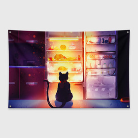 Флаг-баннер с принтом Черный кот холодильник ночь в Кировске, 100% полиэстер | размер 67 х 109 см, плотность ткани — 95 г/м2; по краям флага есть четыре люверса для крепления | Тематика изображения на принте: арт | вкусняшки | ночной дожор | ночь | преступление | рисунок | холодильник | черный кот