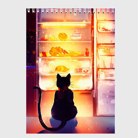 Скетчбук с принтом Черный кот холодильник ночь в Кировске, 100% бумага
 | 48 листов, плотность листов — 100 г/м2, плотность картонной обложки — 250 г/м2. Листы скреплены сверху удобной пружинной спиралью | арт | вкусняшки | ночной дожор | ночь | преступление | рисунок | холодильник | черный кот