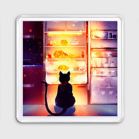 Магнит 55*55 с принтом Черный кот холодильник ночь в Кировске, Пластик | Размер: 65*65 мм; Размер печати: 55*55 мм | арт | вкусняшки | ночной дожор | ночь | преступление | рисунок | холодильник | черный кот