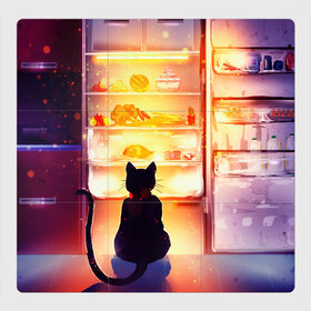 Магнитный плакат 3Х3 с принтом Черный кот холодильник ночь в Кировске, Полимерный материал с магнитным слоем | 9 деталей размером 9*9 см | Тематика изображения на принте: арт | вкусняшки | ночной дожор | ночь | преступление | рисунок | холодильник | черный кот